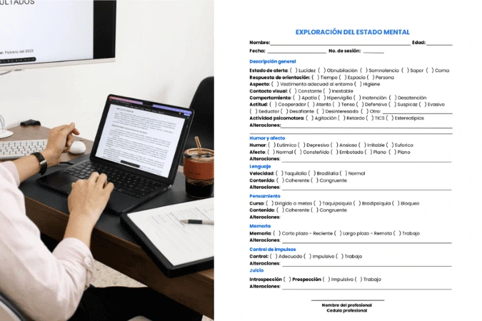 Formato de Exploración del Estado Mental abierto junto a una laptop